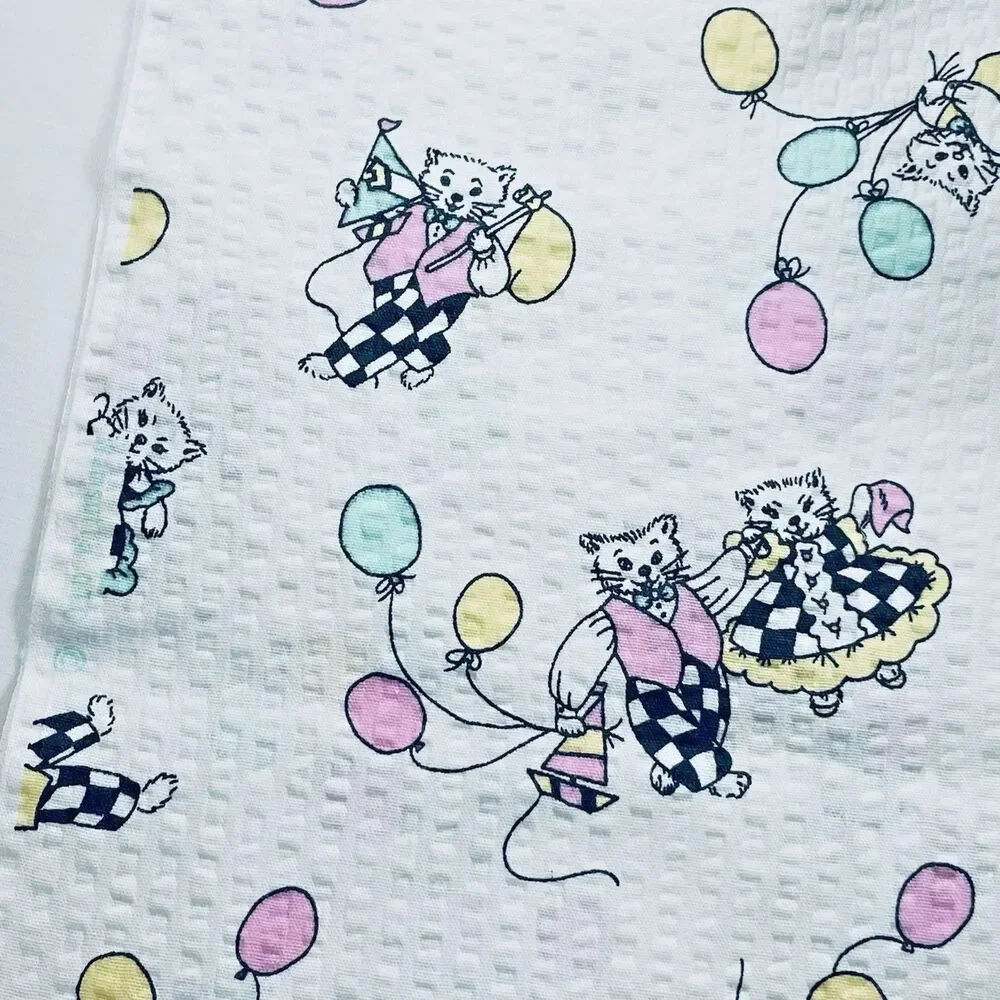 Vintage Wamsutta Fancy Cats with Balloons Seersucker Fabric Novelty Seersucker